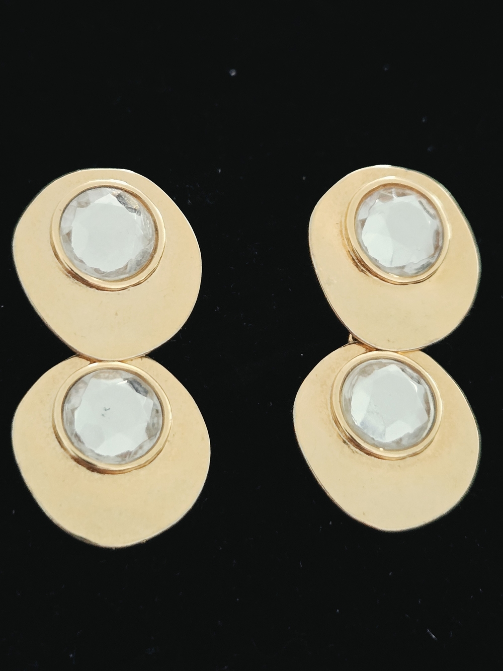 Gold-Tone Double Disc Faceted Cabochon Drop Pierced Earrings